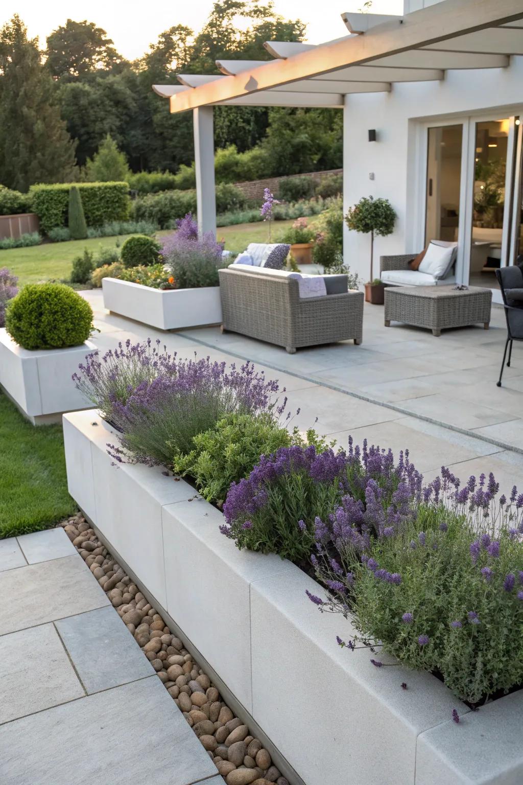 Built-in planters seamlessly blend nature with patio design.