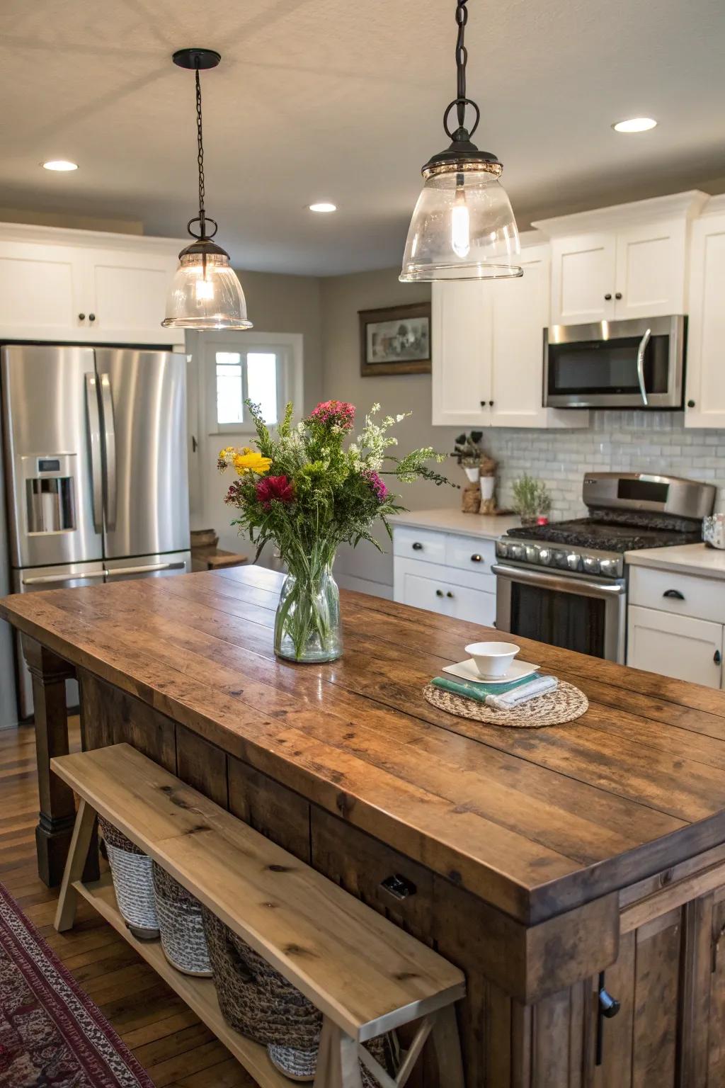 A rustic kitchen island serves as a functional centerpiece.