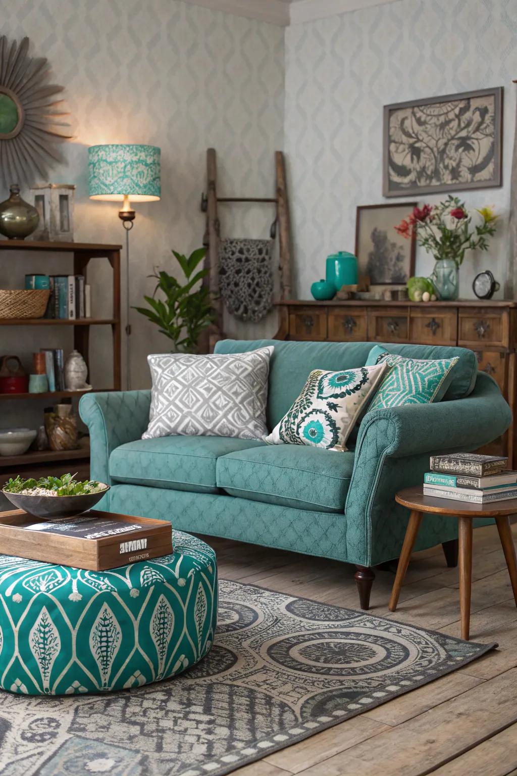 Eclectic patterns and textures bring vibrancy to a teal and grey room.
