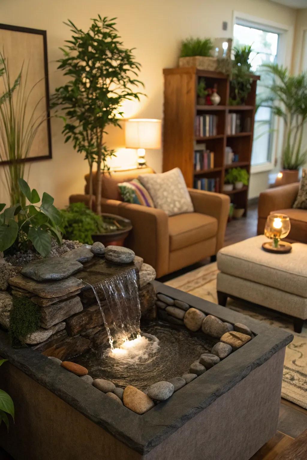 A water feature adds peace to a tropical living space.
