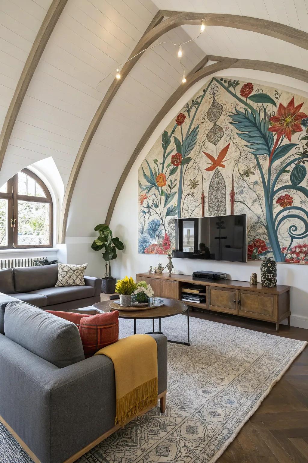 Creative items such as murals introduce a unique accent to this high ceiling room.