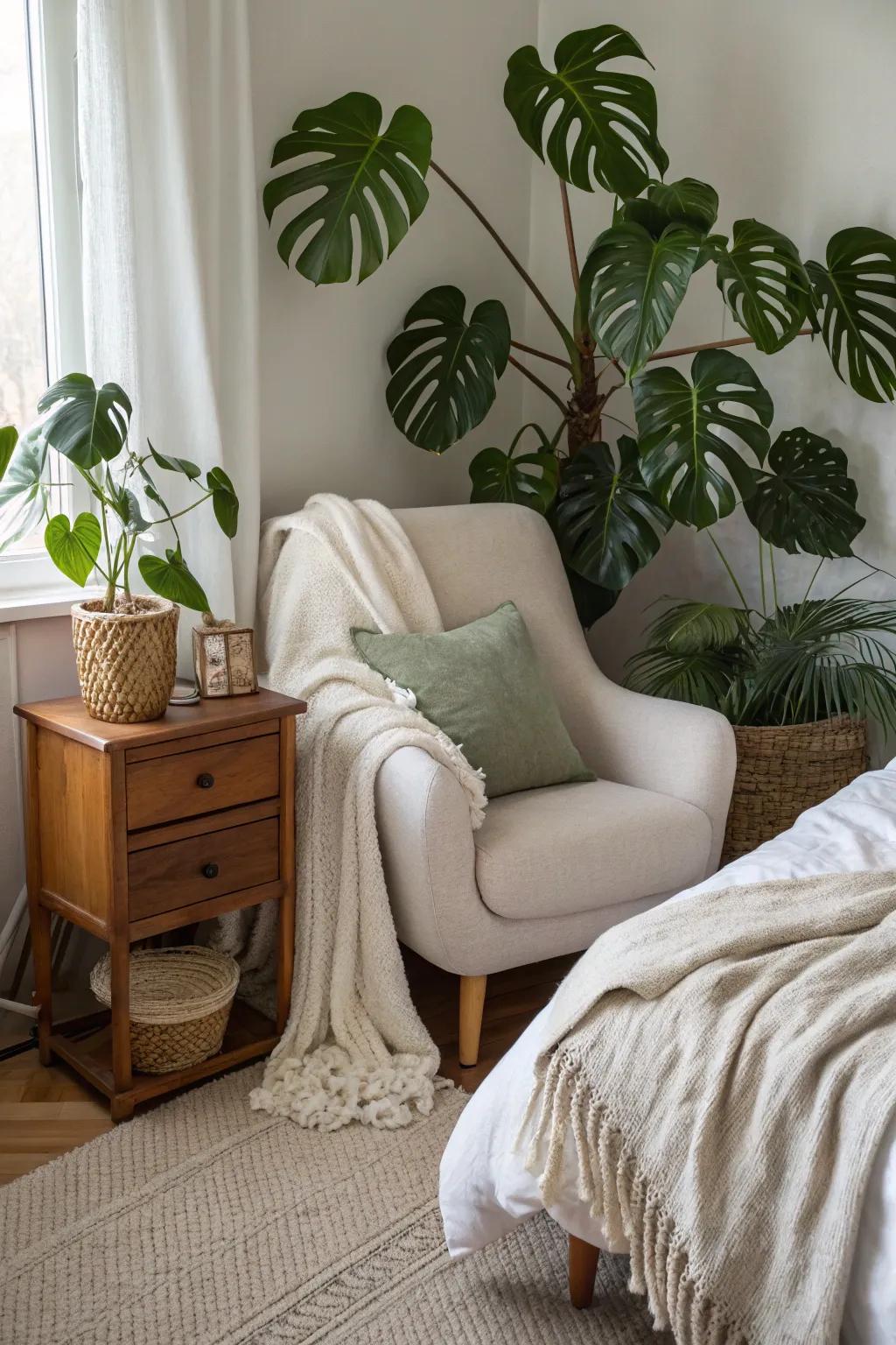 A peaceful bedroom escape enhanced with split-leaf philodendron fronds.