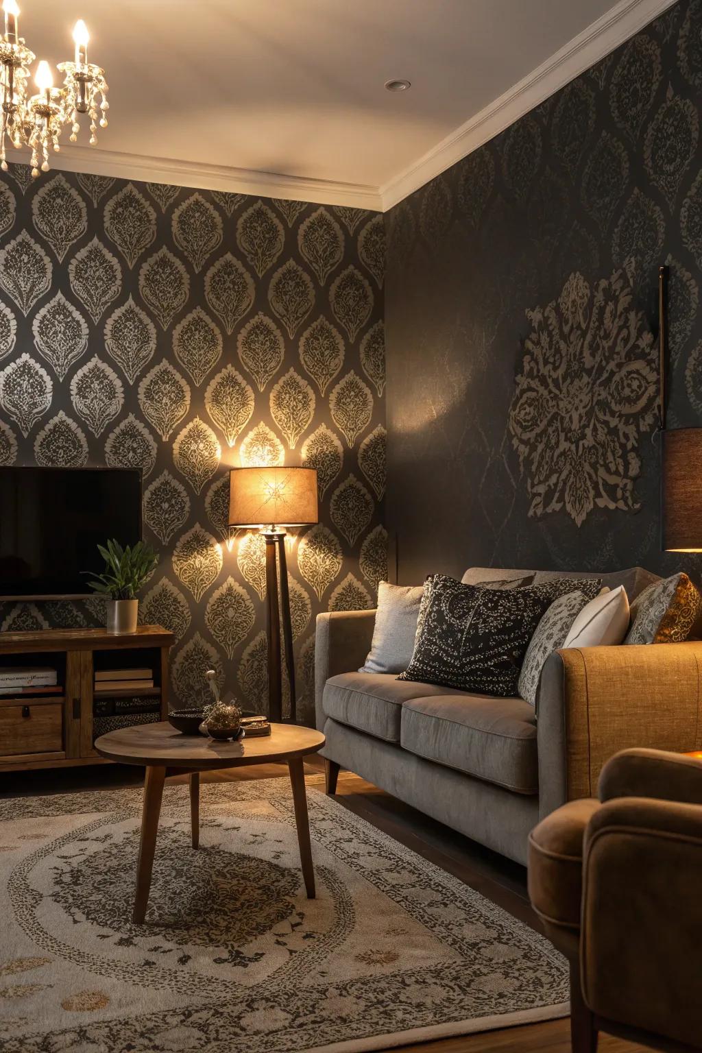 Dark wallpaper adding intrigue to a dimly lit living room.