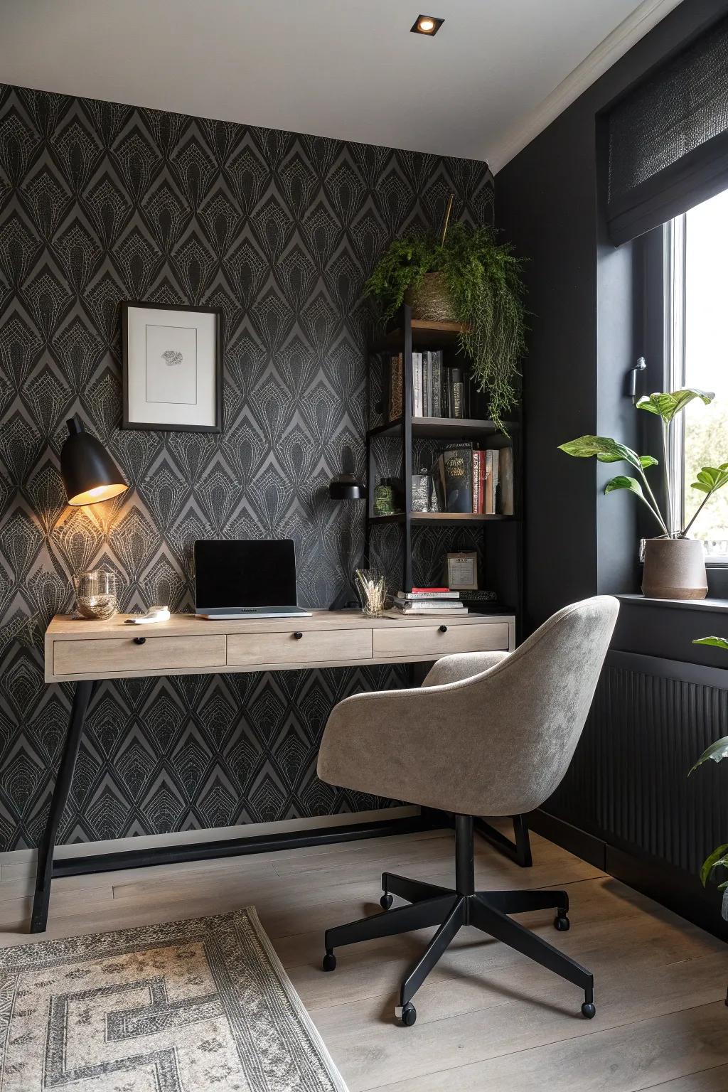 Moody wallpaper creates an instantly dramatic office atmosphere.