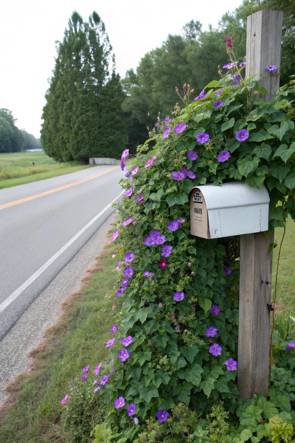 A charming mailbox makeover with vibrant morning glories.