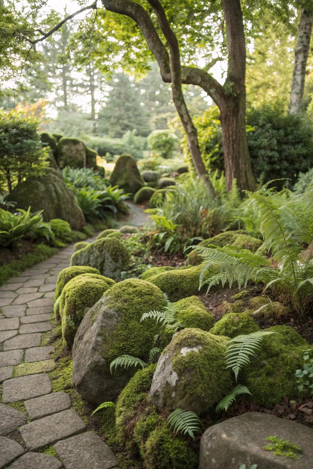 A flourishing plant bed merging moss stones and vibrant ferns.