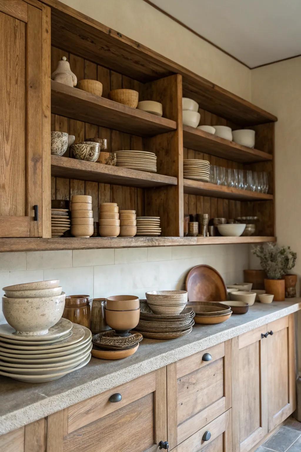 Open shelving offers both functionality and countryside aesthetic appeal.