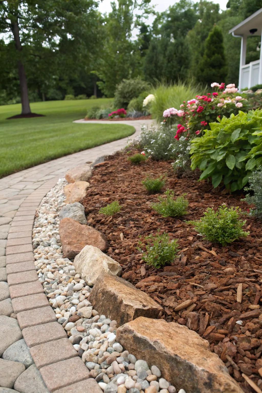 Decorative gravel adds texture to mulch borders.