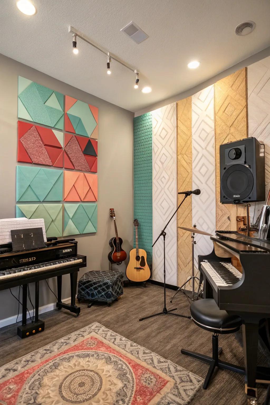 Combine style with improved acoustics by using art-like acoustic panels.