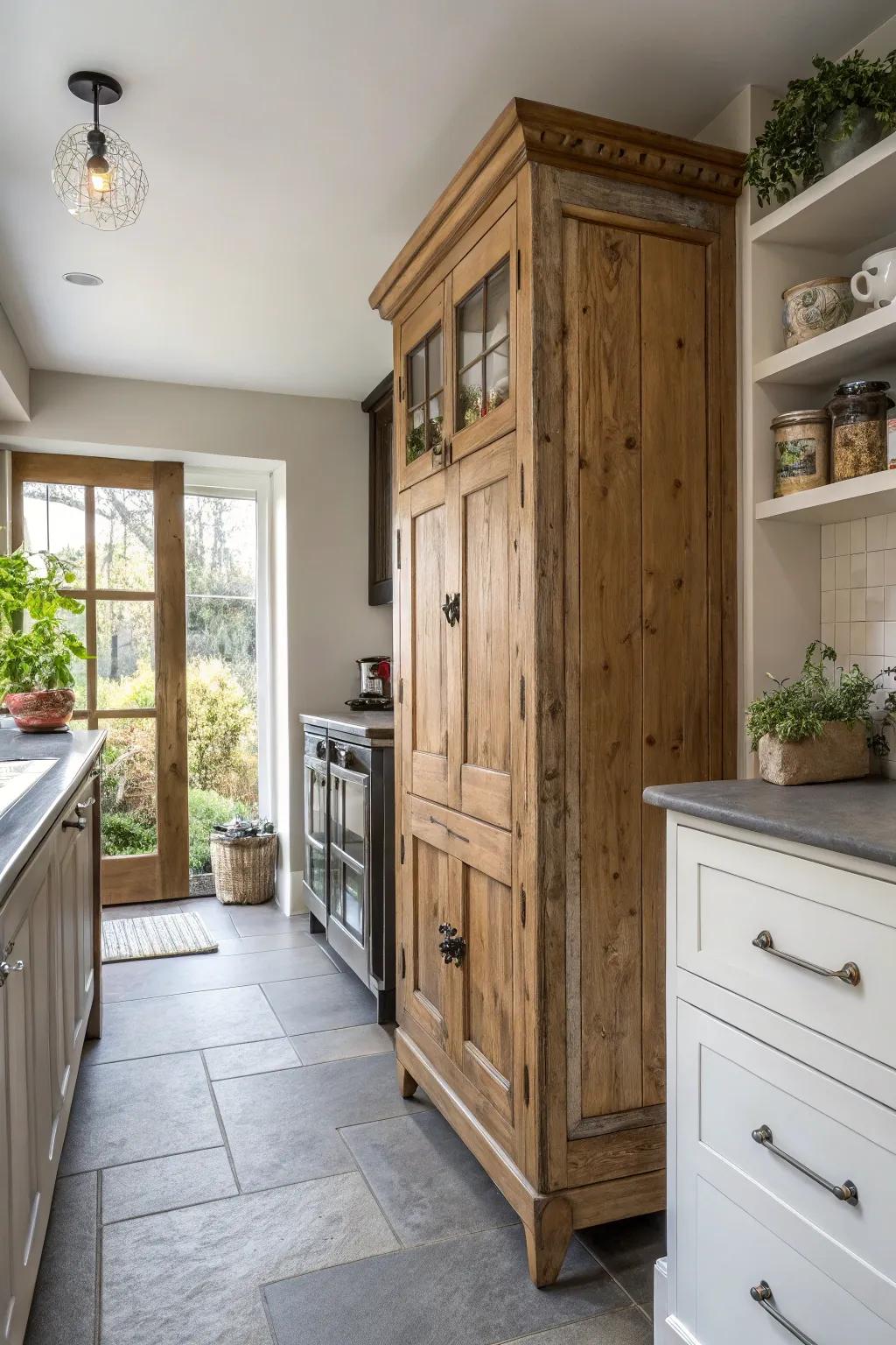 Upcycled retro furniture pieces contributing persona and storage functionality to a slender kitchen.