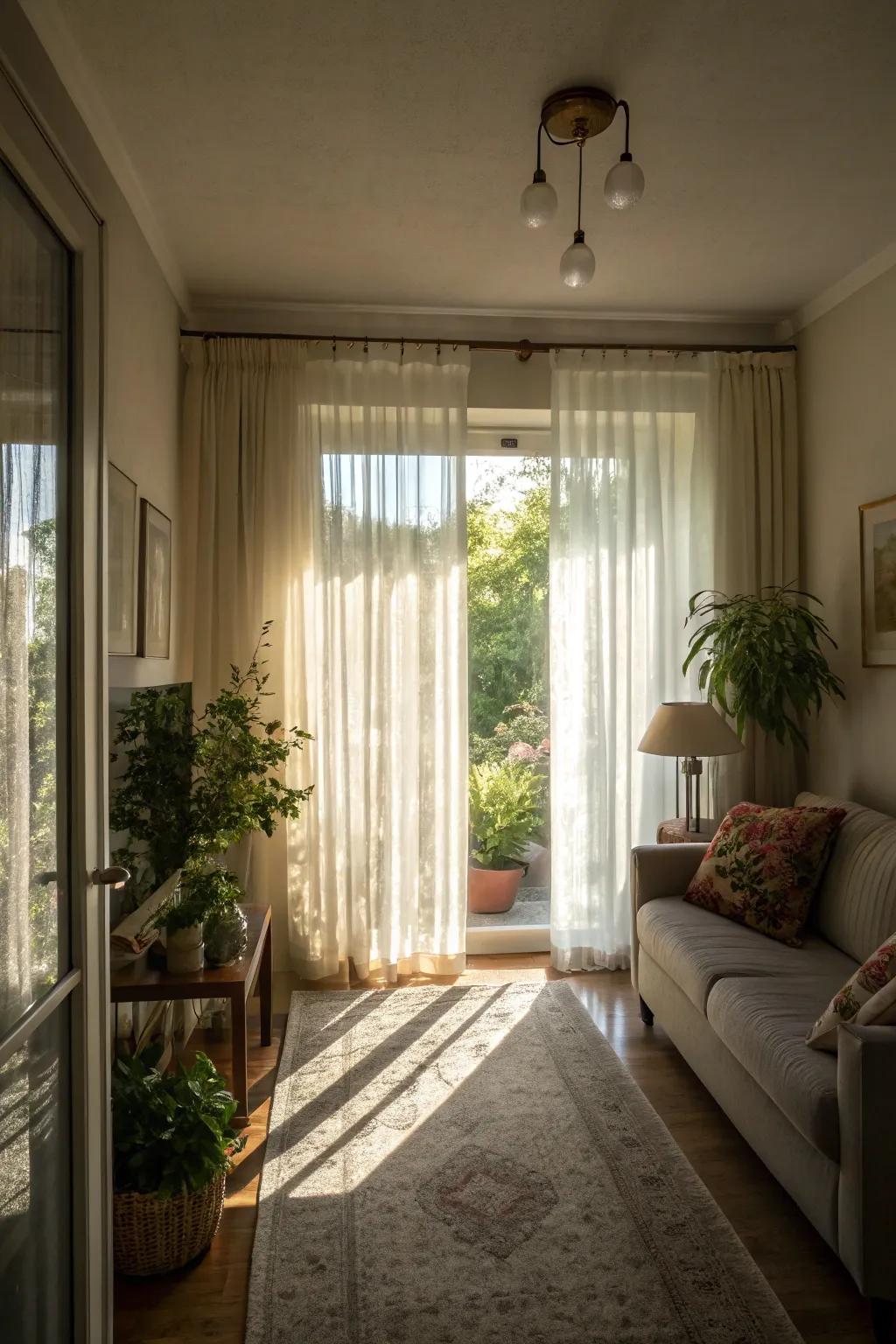 Thin curtains let natural light make a small living room look better.