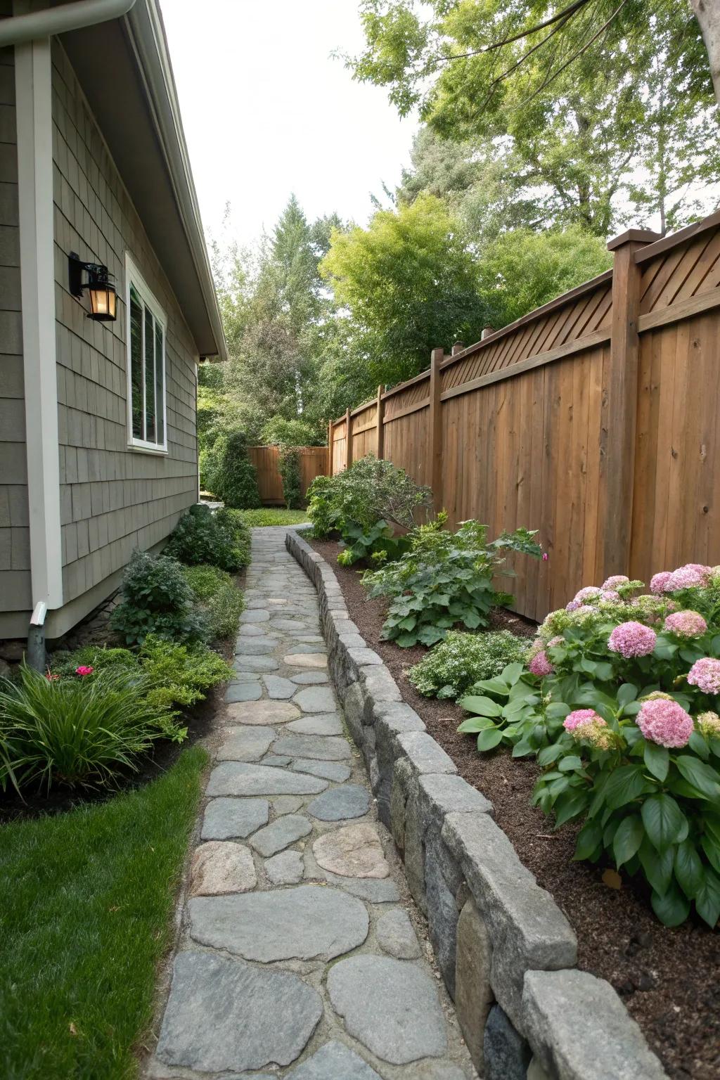Edging provides structure and neatness to narrow side yards.