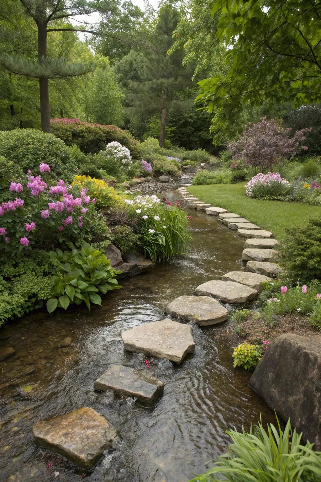 Stepping stones adding charm to a backyard stream.