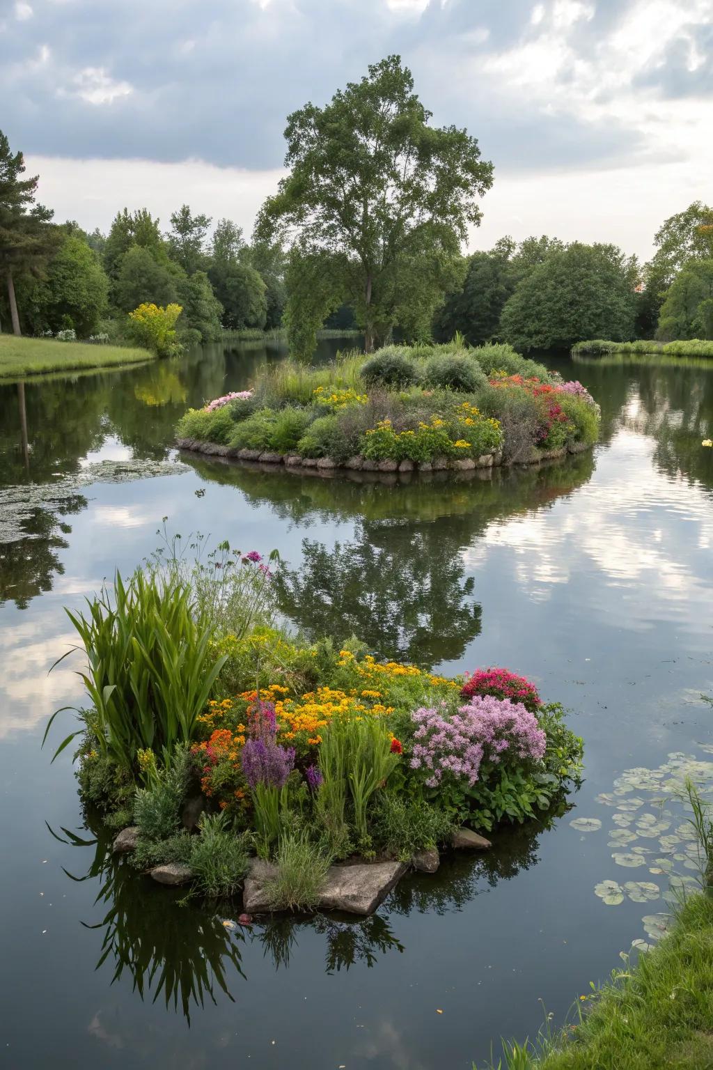 A floating island creating a dynamic and engaging pond feature.