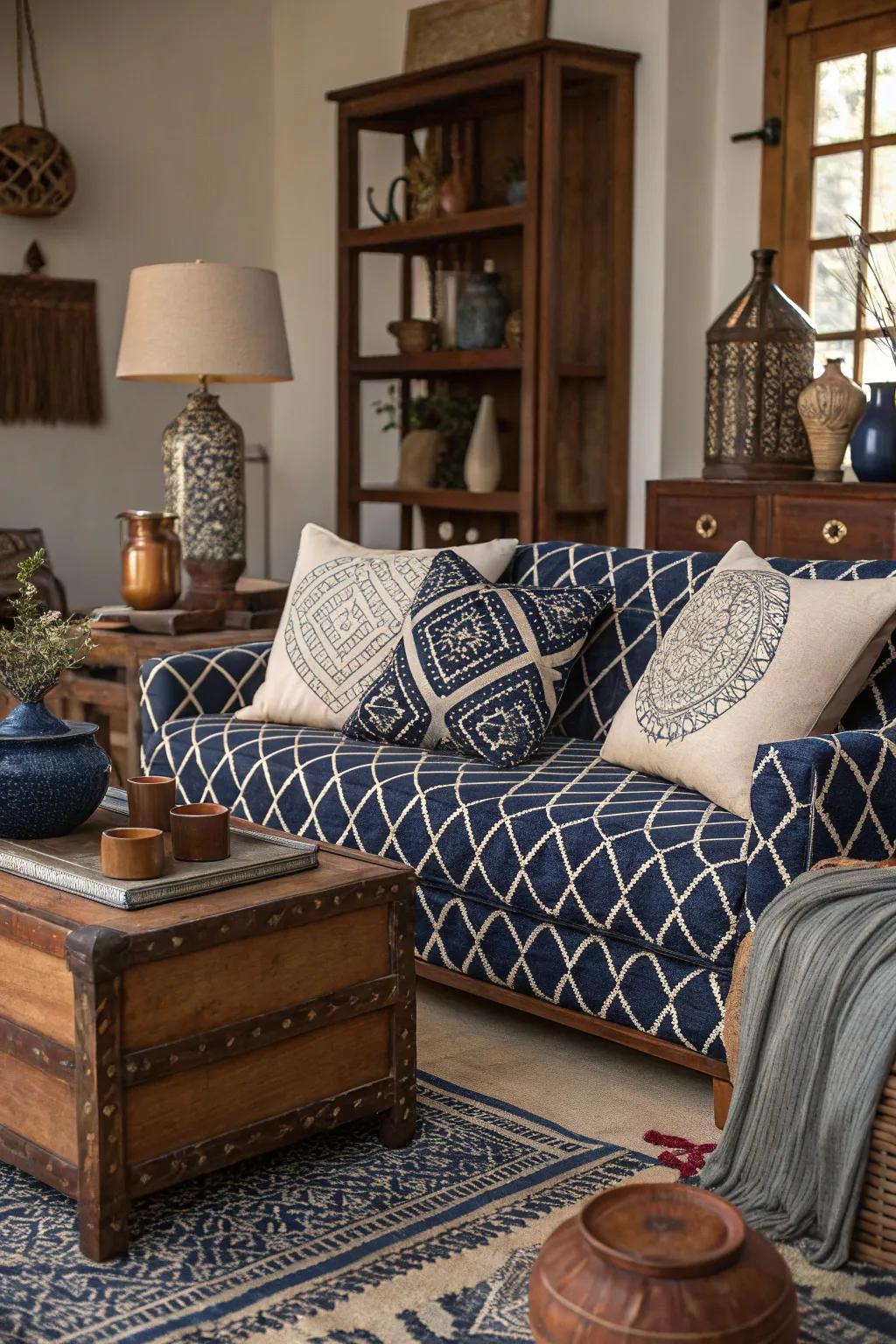 Navy geometric patterns and rustic brown create a playful living room.