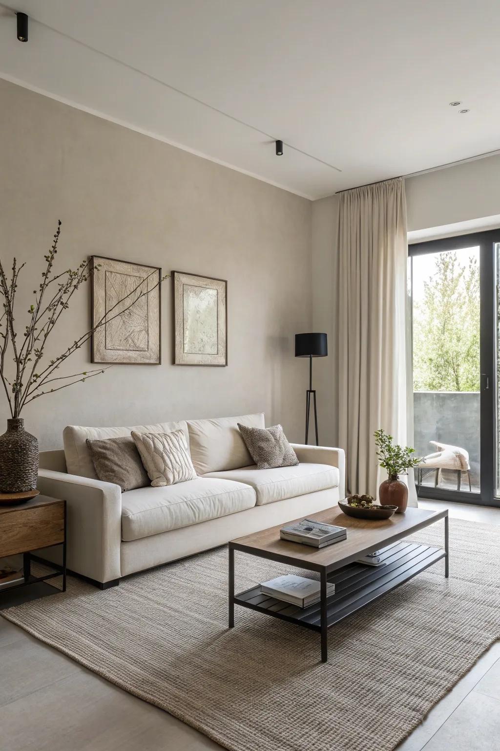 Clean lines and sleek decor define this minimalist, neutral living room.