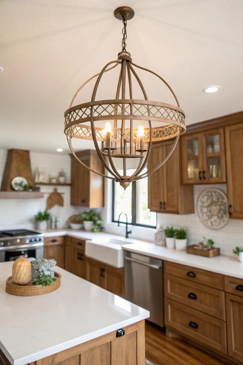 A statement piece adds personality to the oak and white kitchen.