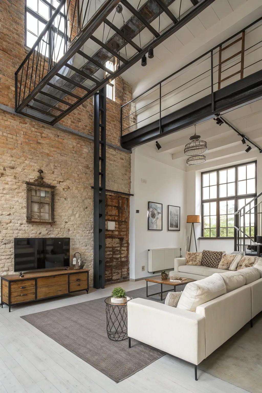 Industrial elements bring a modern edge to an ivory room.