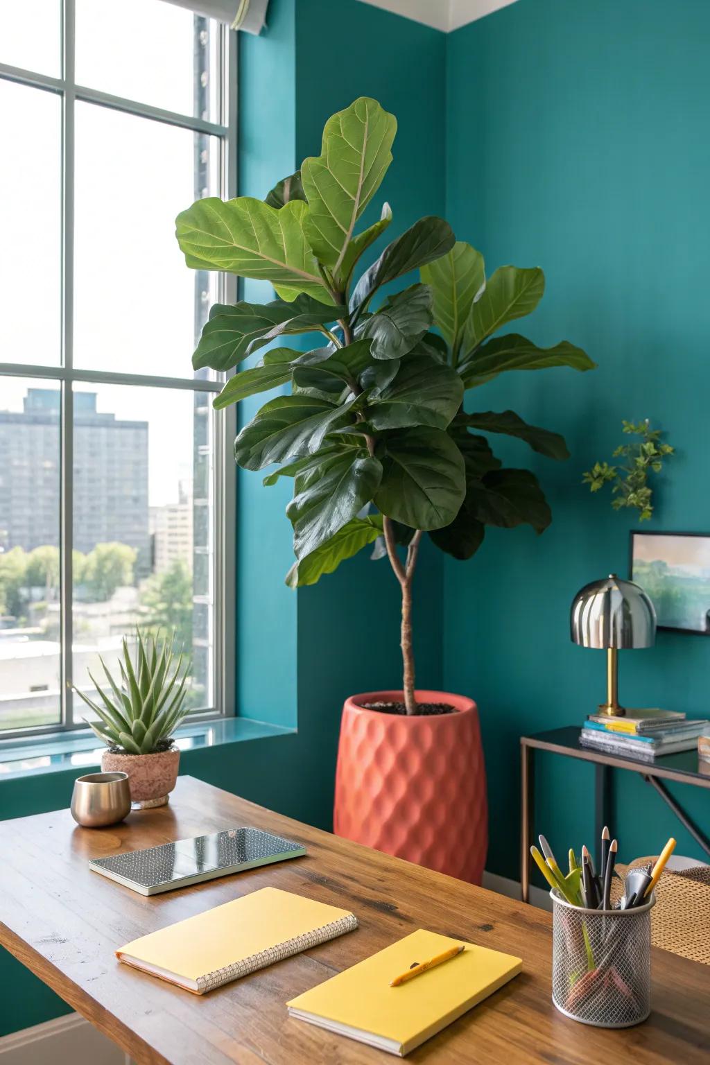 Transform your office with a striking violin leaf fig, adding a modern touch to your space. 🌿 #FiddleLeafFig #OfficeStyle