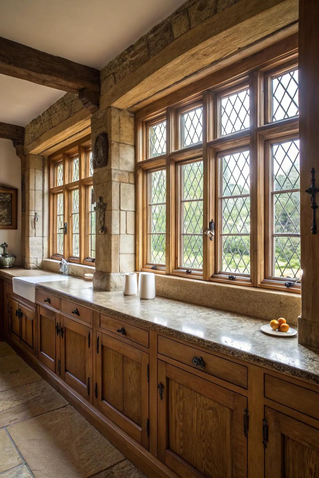Wood windows that blend seamlessly with the historical feel.