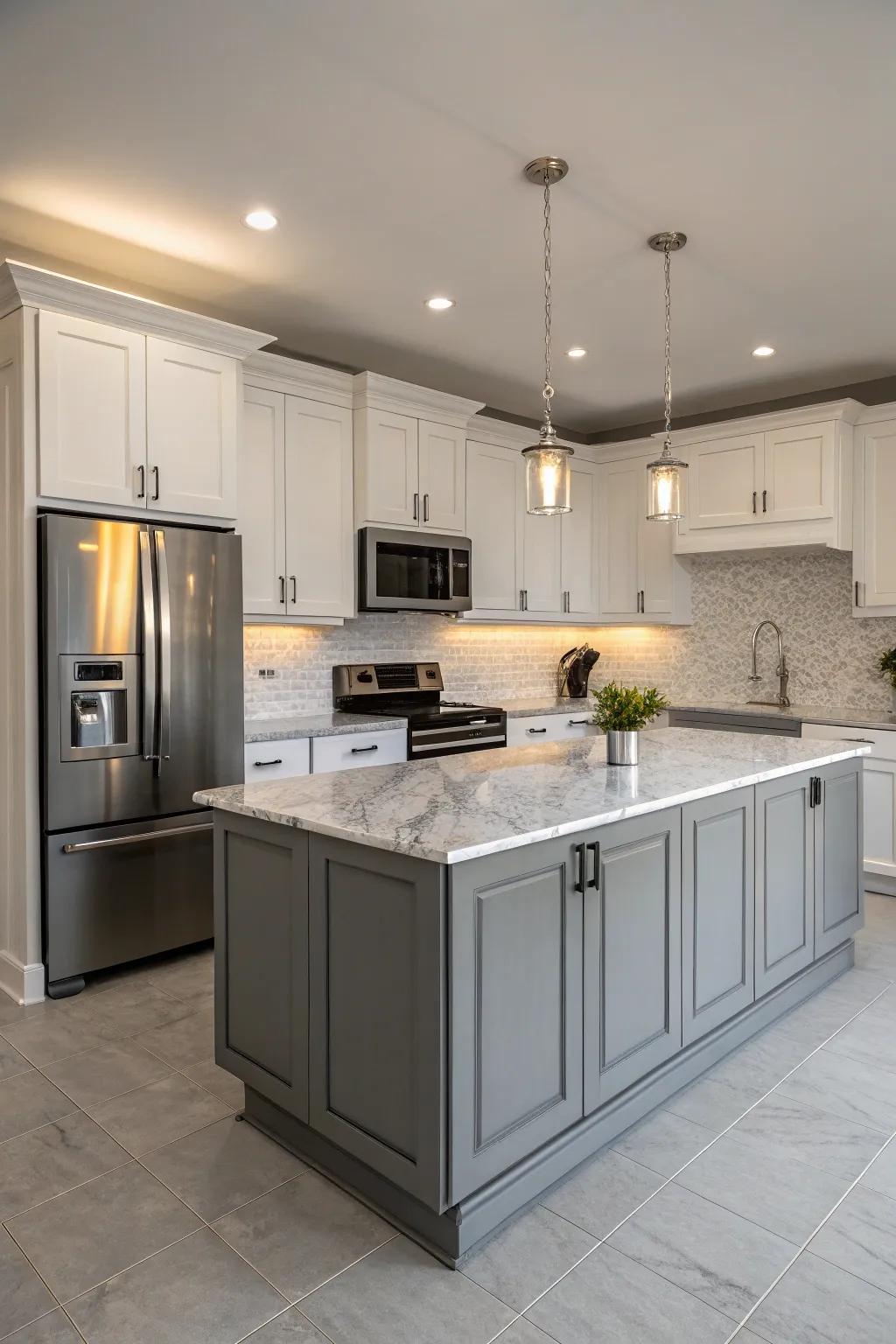 A monochromatic palette lends a serene and spacious feel to the kitchen.