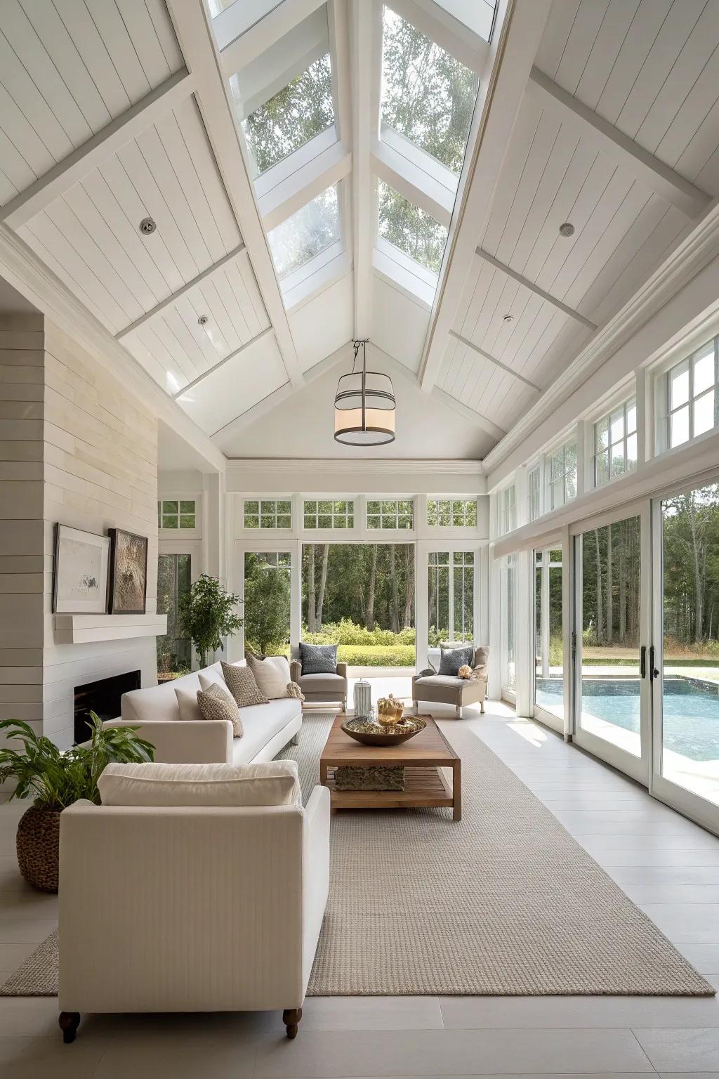 Minimalist elegance in an open-ceiling design creates a serene atmosphere.