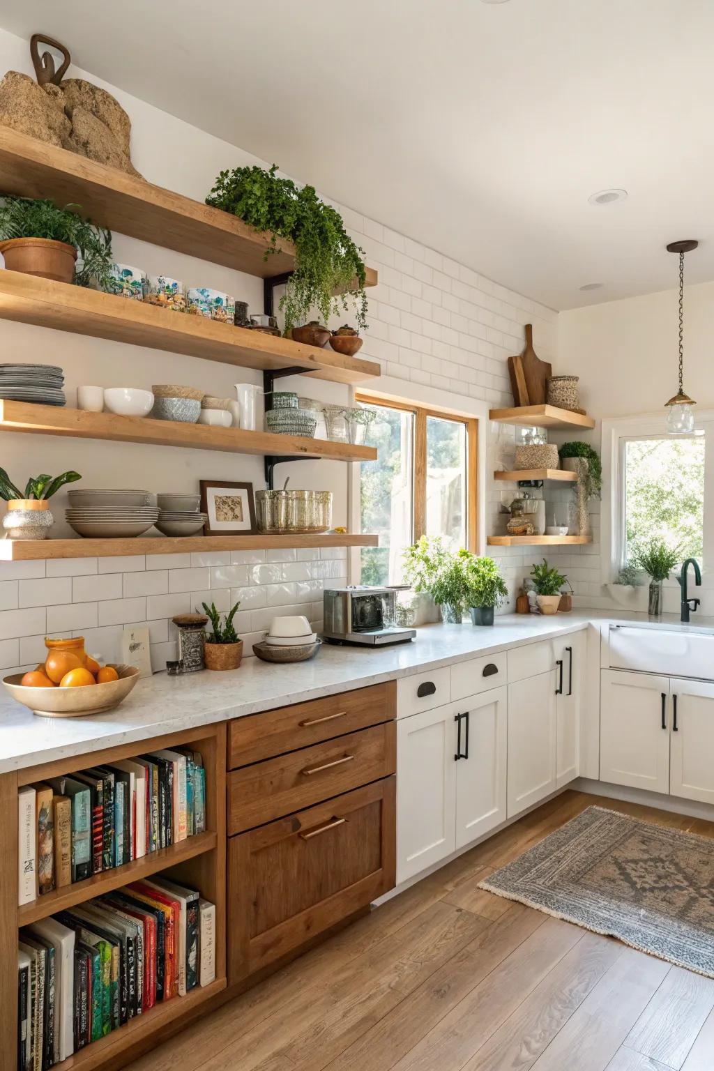 Open shelving offers a stylish way to display kitchen essentials.