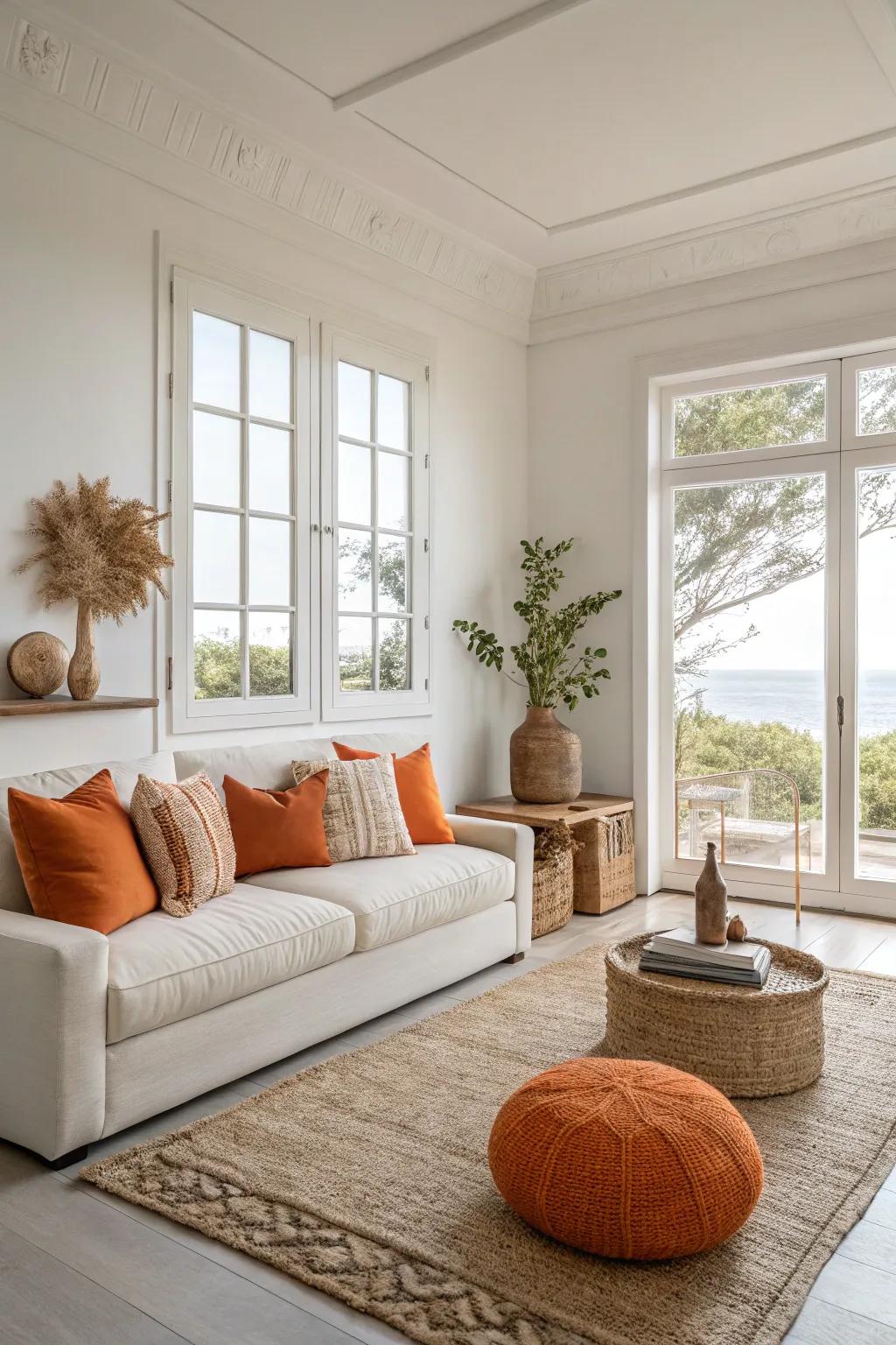 Minimalist layout meets vibrancy with understated orange accents.