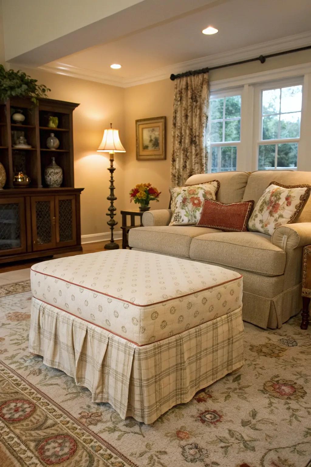 Seasonal slipcovers give this ottoman a fresh appearance.