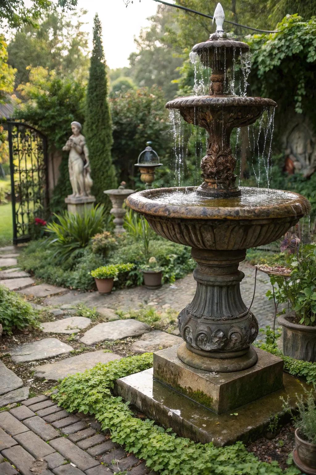 A vintage urn fountain adding nostalgic charm.