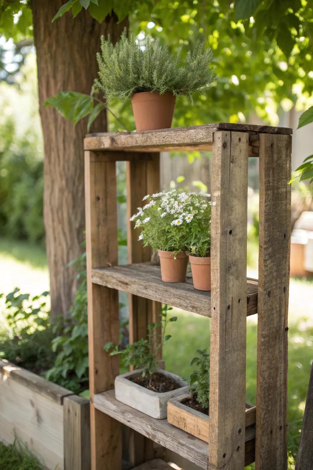 Embrace the charm of reclaimed wood with this stunning garden shelf that tells its own story.