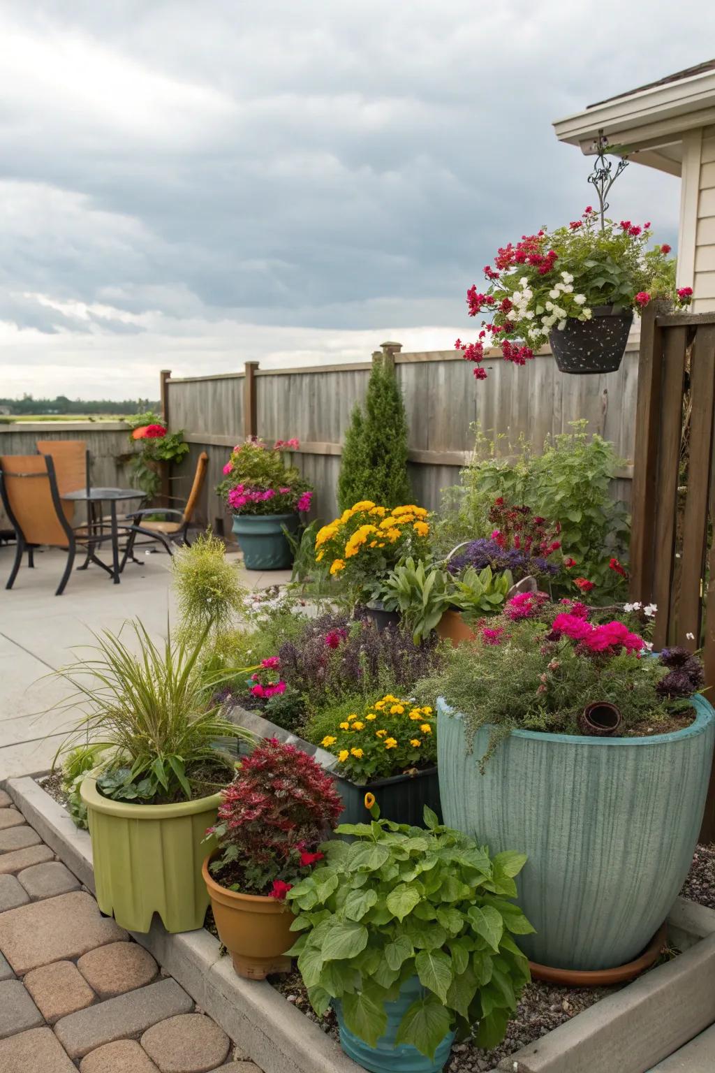 An inventive vessel garden presenting diverse potted flora.