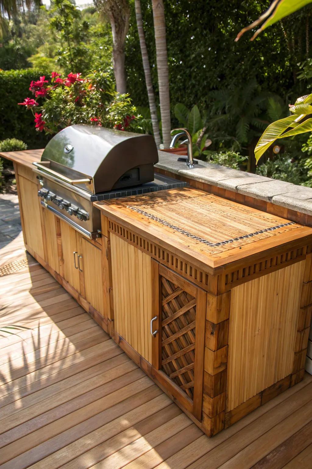 Elevate your outdoor grilling experience with the timeless elegance of a bamboo countertop.