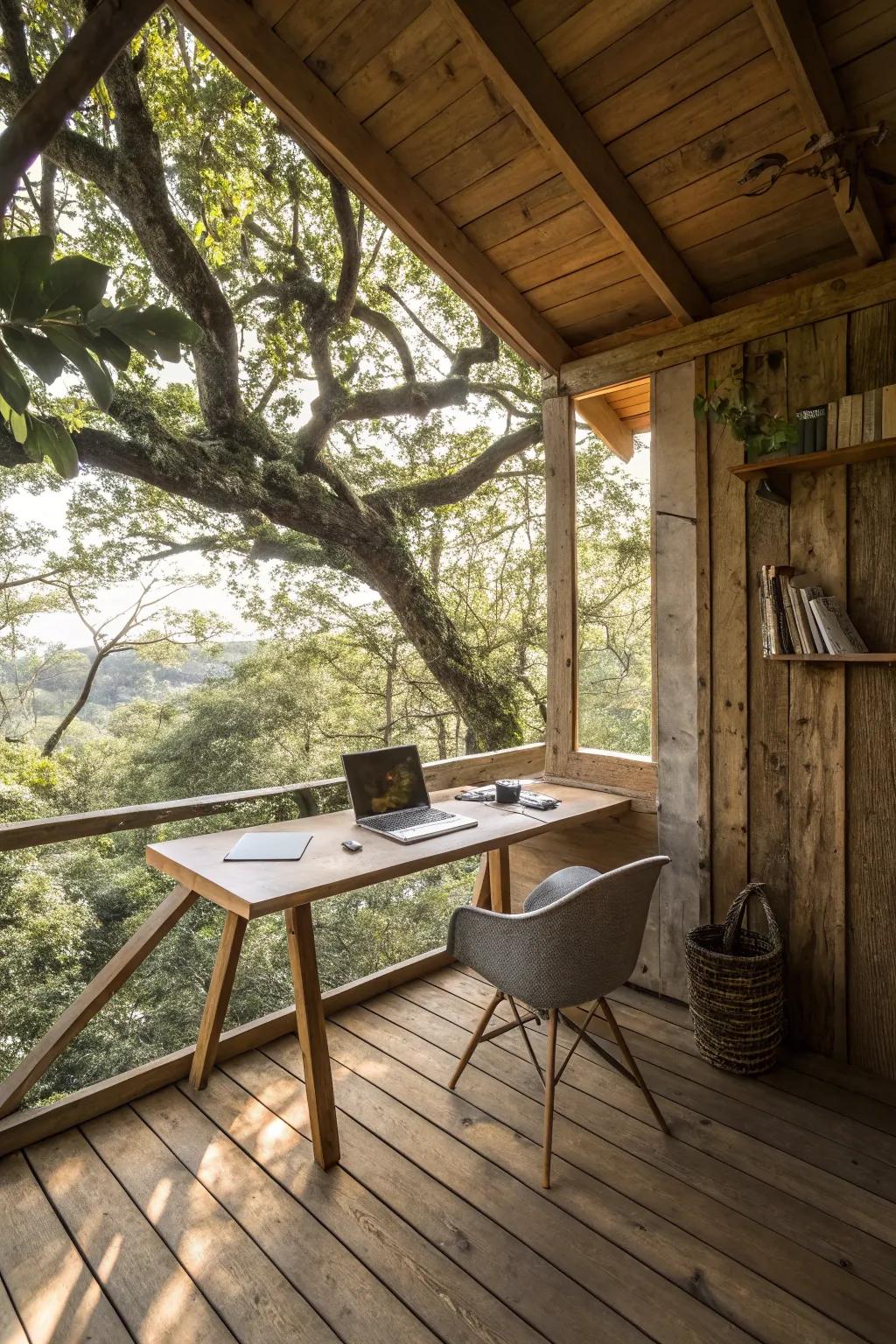 A treehouse office offers a whimsical and unique workspace.