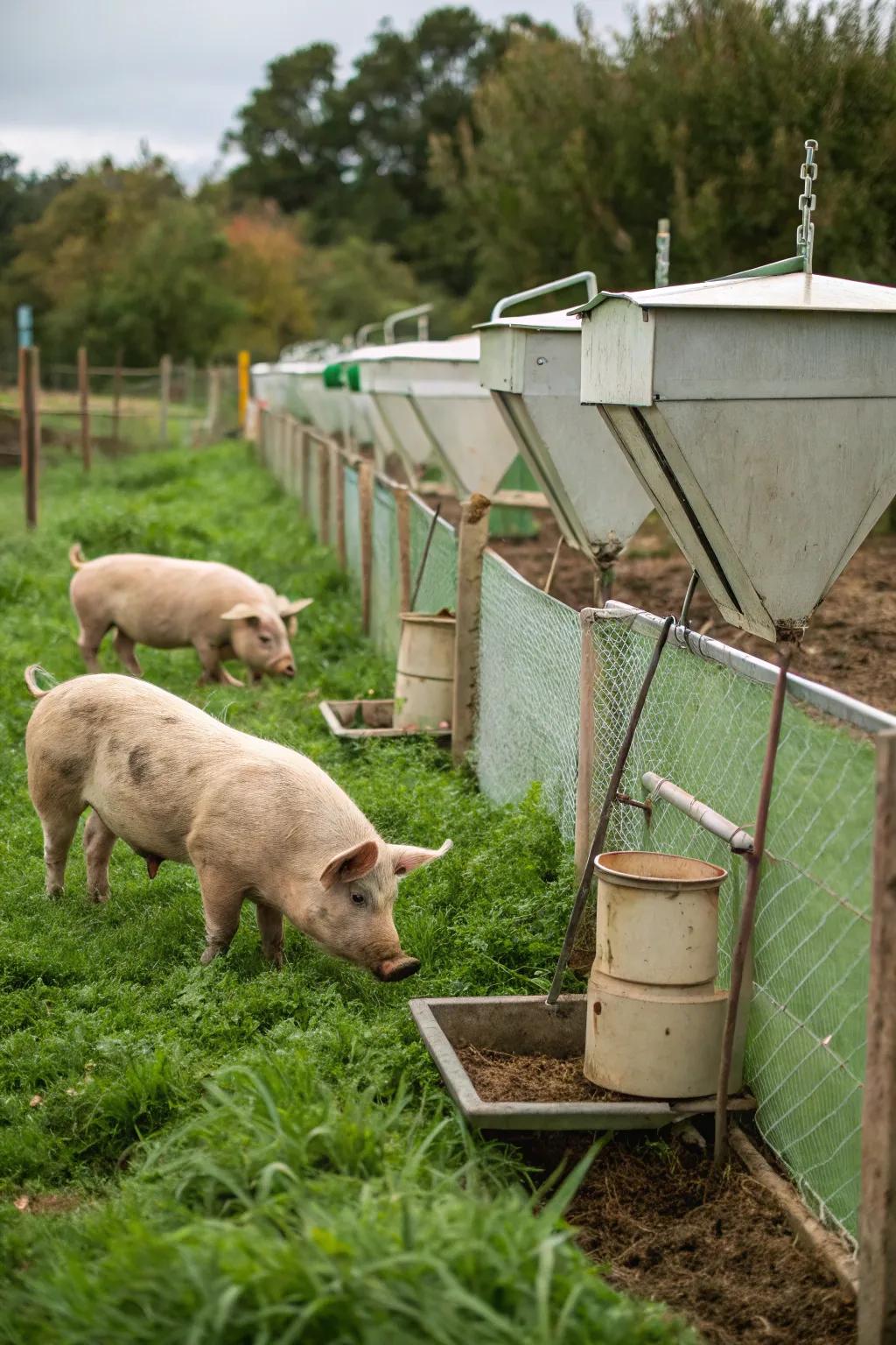 A pen with a thoughtful feeding system encouraging movement.