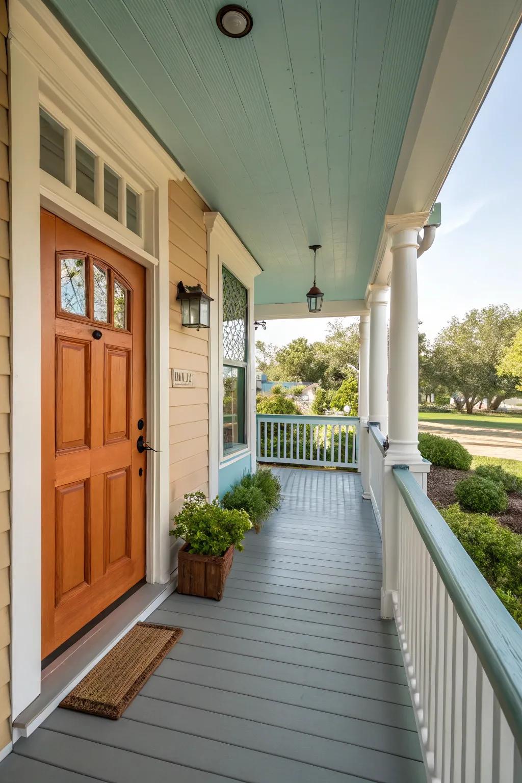 A freshly painted porch creates a vibrant, welcoming entrance.