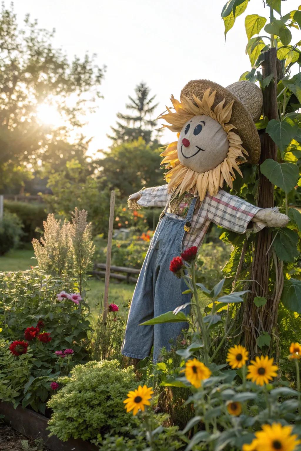 A sunflower head brings sunshine to your scarecrow.