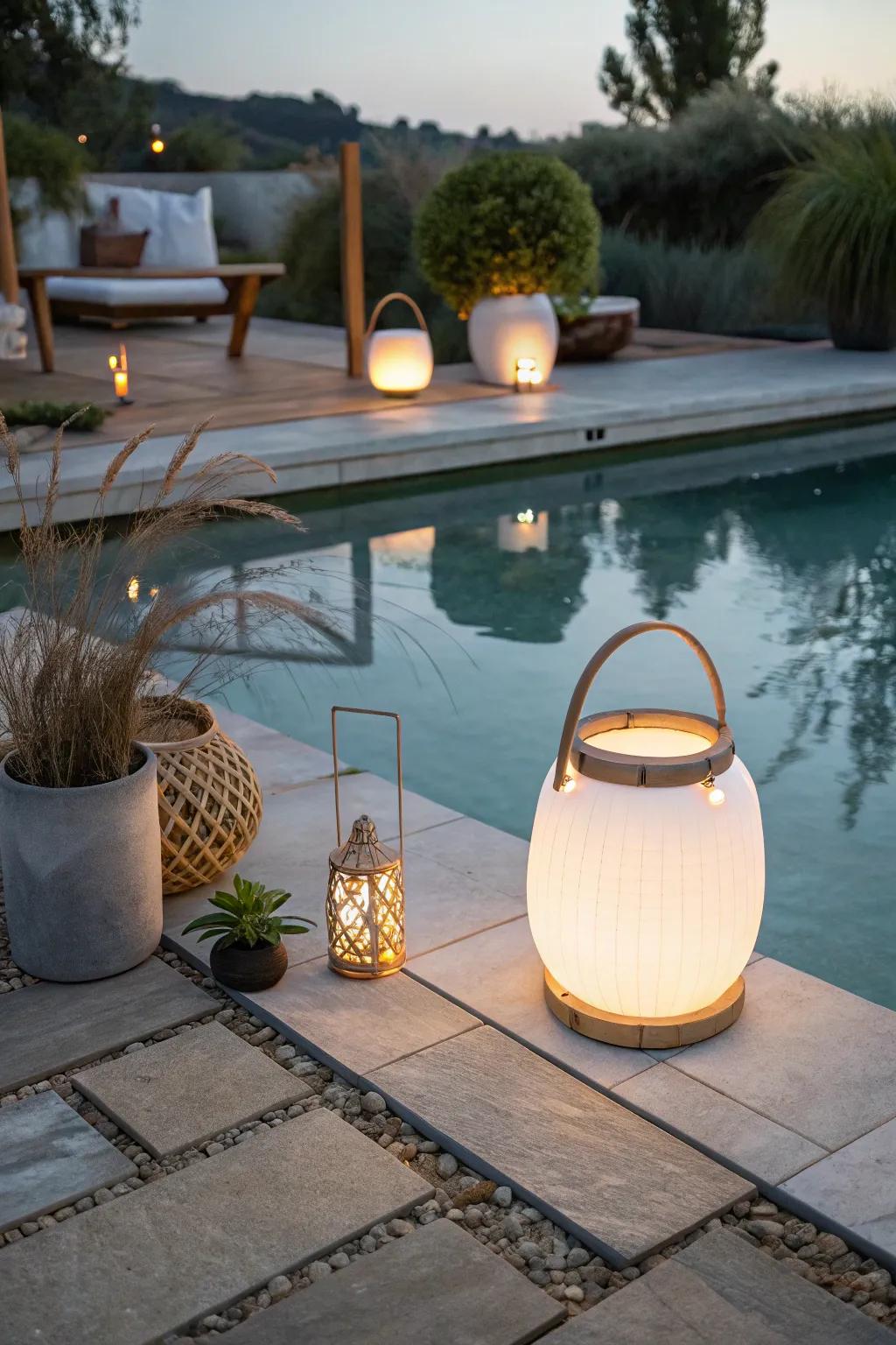 Create a serene poolside ambiance with minimalist solar lights, perfect for evening relaxation.