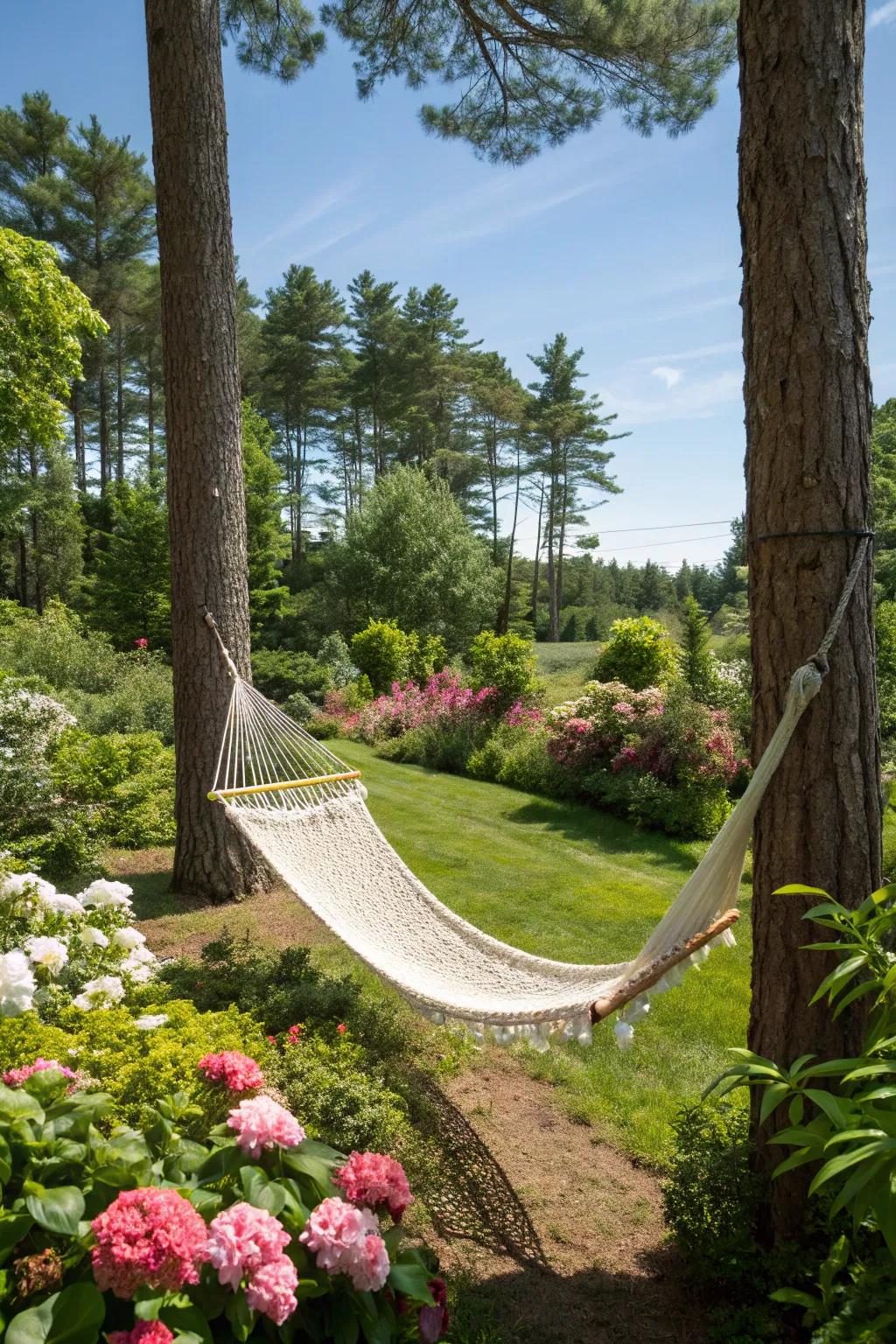 A suspended lounger offers the perfect place to unwind outdoors.
