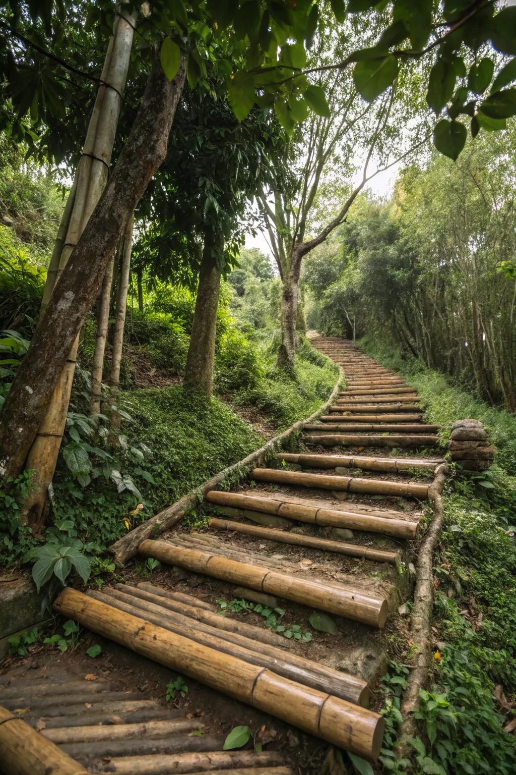 Bamboo and log steps enhance natural vibes, offering sustainability.