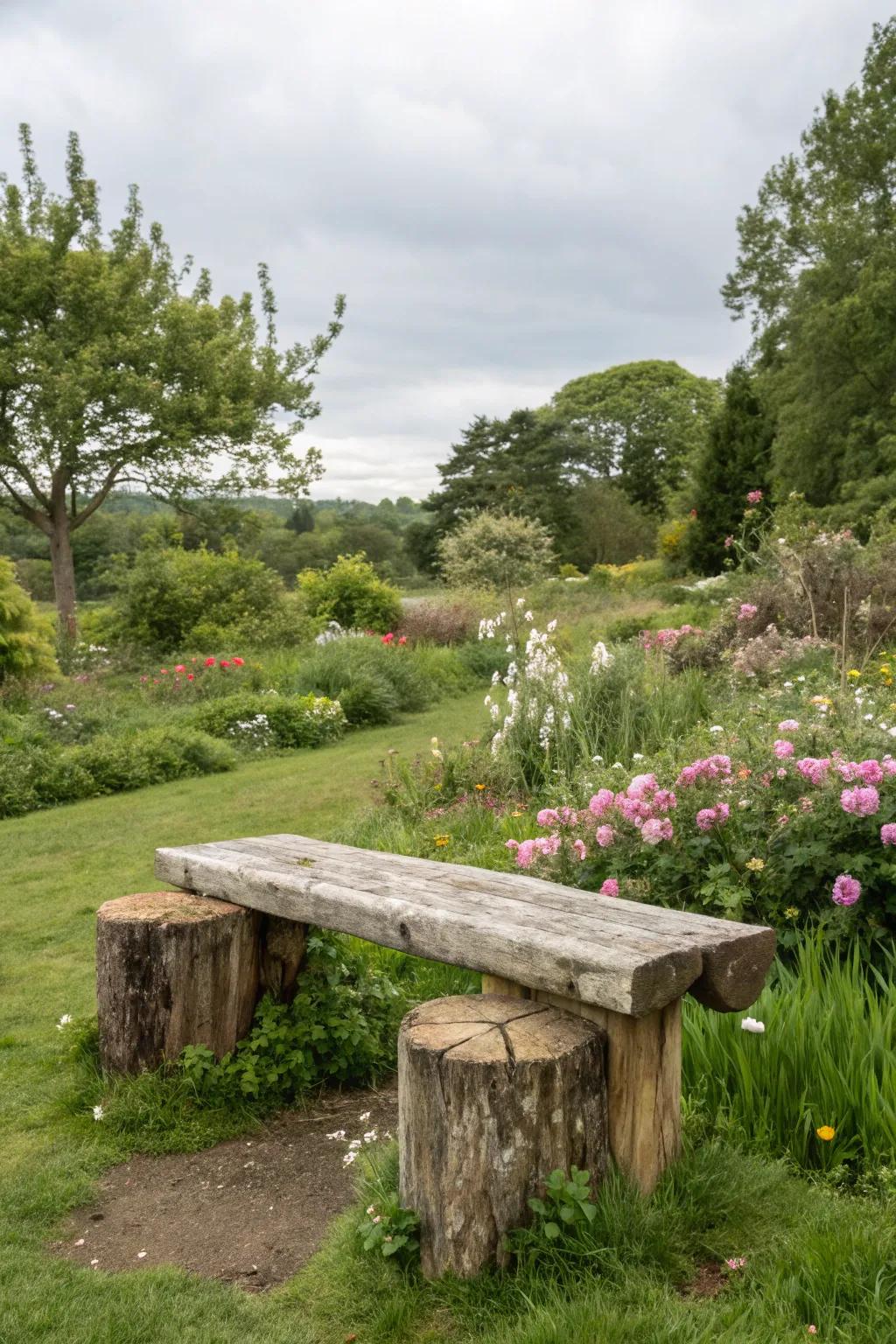 A garden bench constructed from stumps provides a peaceful resting spot.
