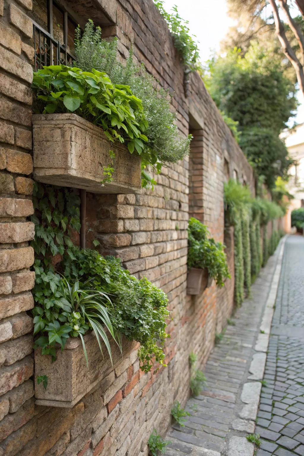 Combine architecture and nature by using brick wall pots.