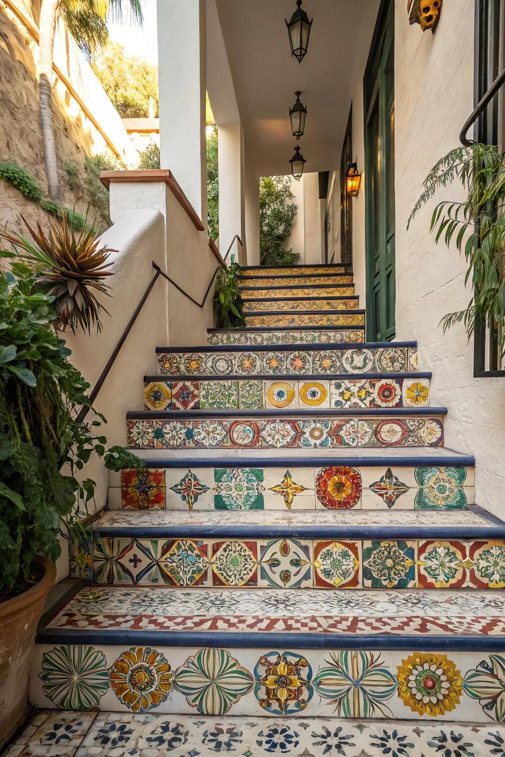 Artistic tiles transform these steps into a masterpiece.