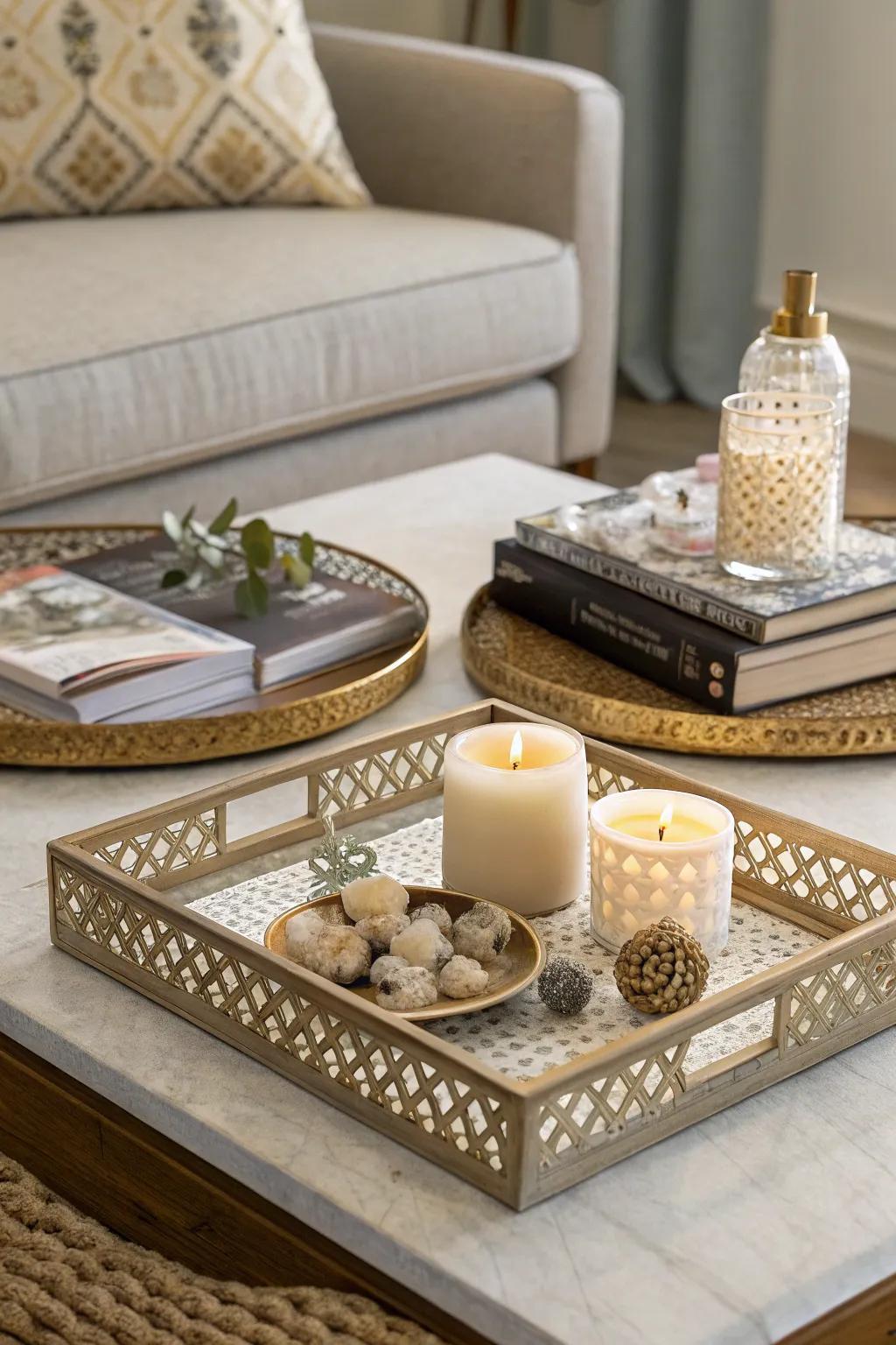 Layering items on a coffee table adds visual intrigue and flexibility.