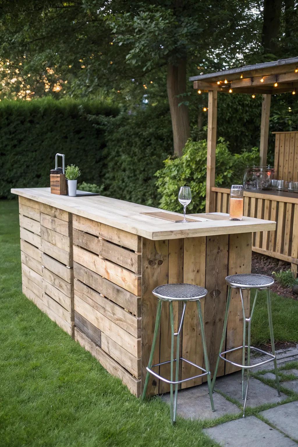 Elevate your backyard with a sleek and minimalist pallet bar that celebrates the beauty of natural wood.