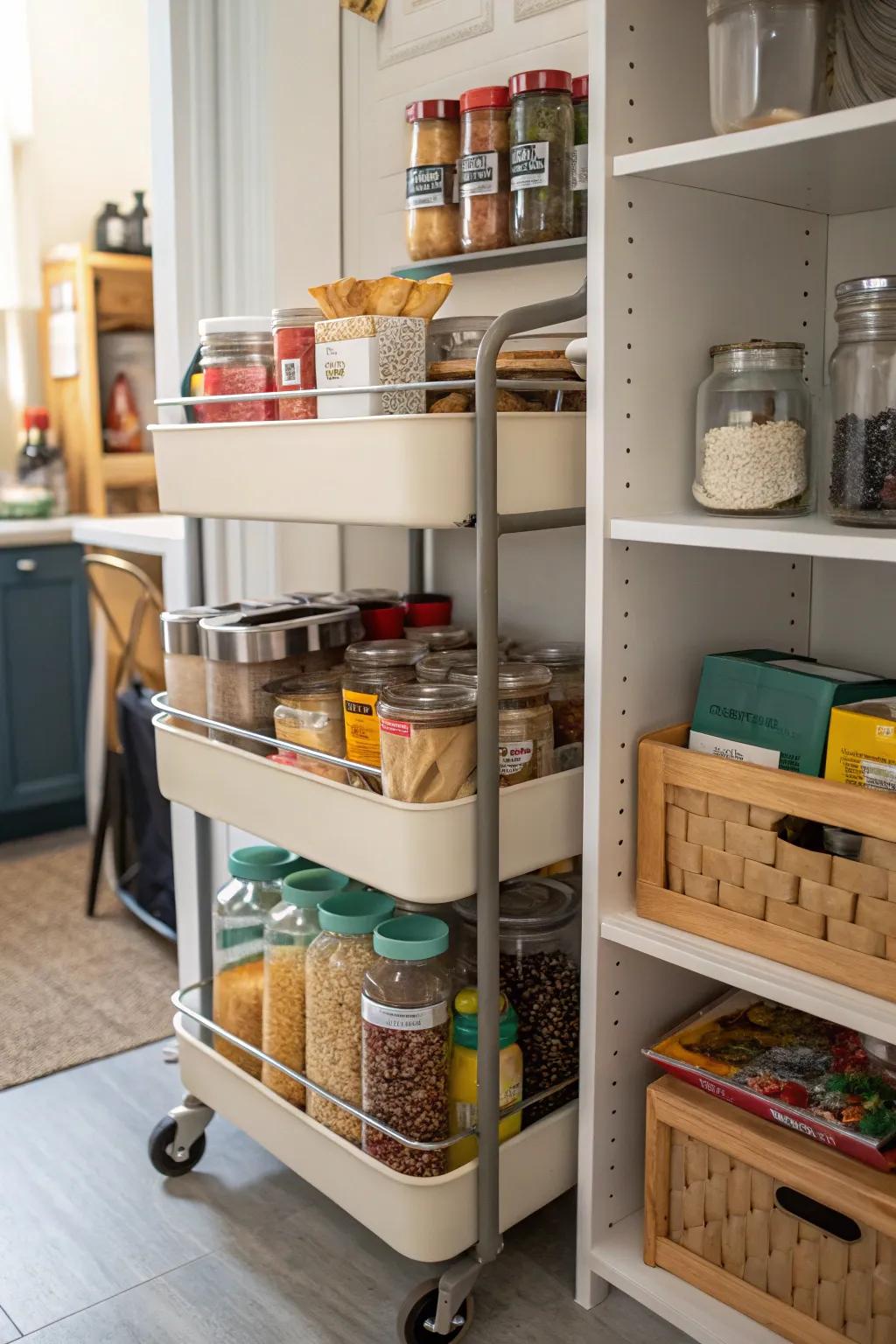 A pantry featuring a rolling storage cart for flexible organization.