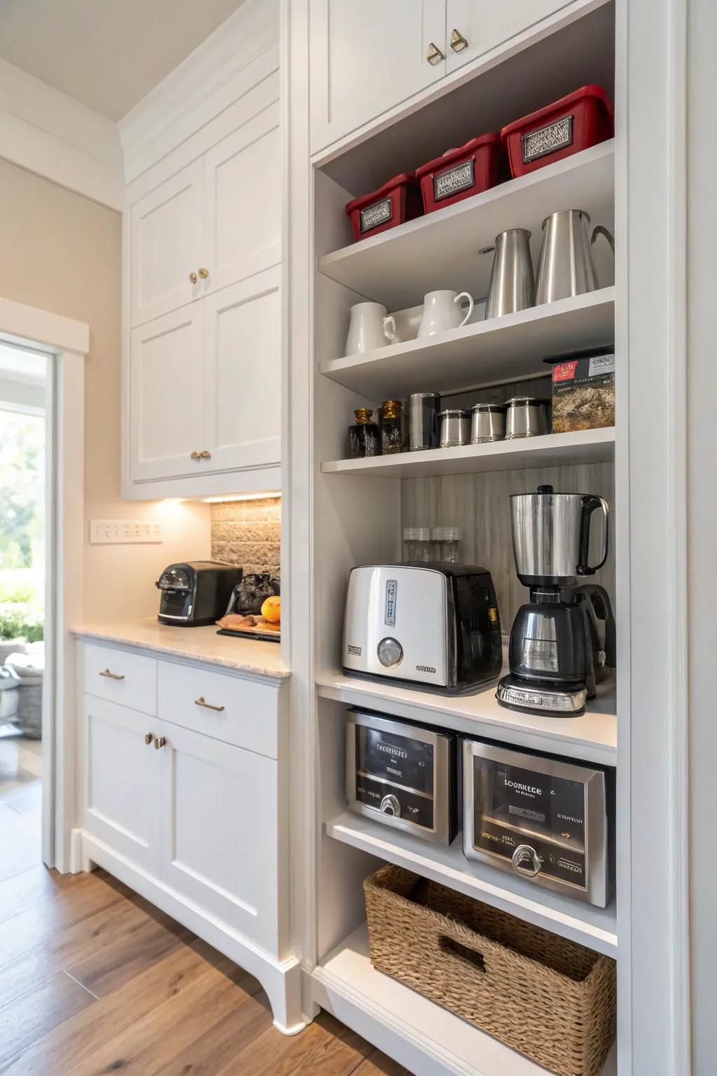 Designed cabinets offer a sleek solution for appliance storage, keeping your kitchen clutter-free.