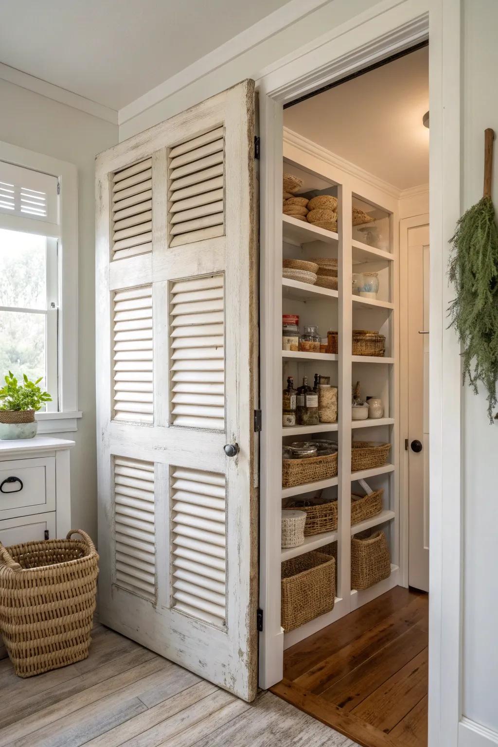 Step into nostalgia with this charming vintage louvered screen door, perfect for a pantry makeover.