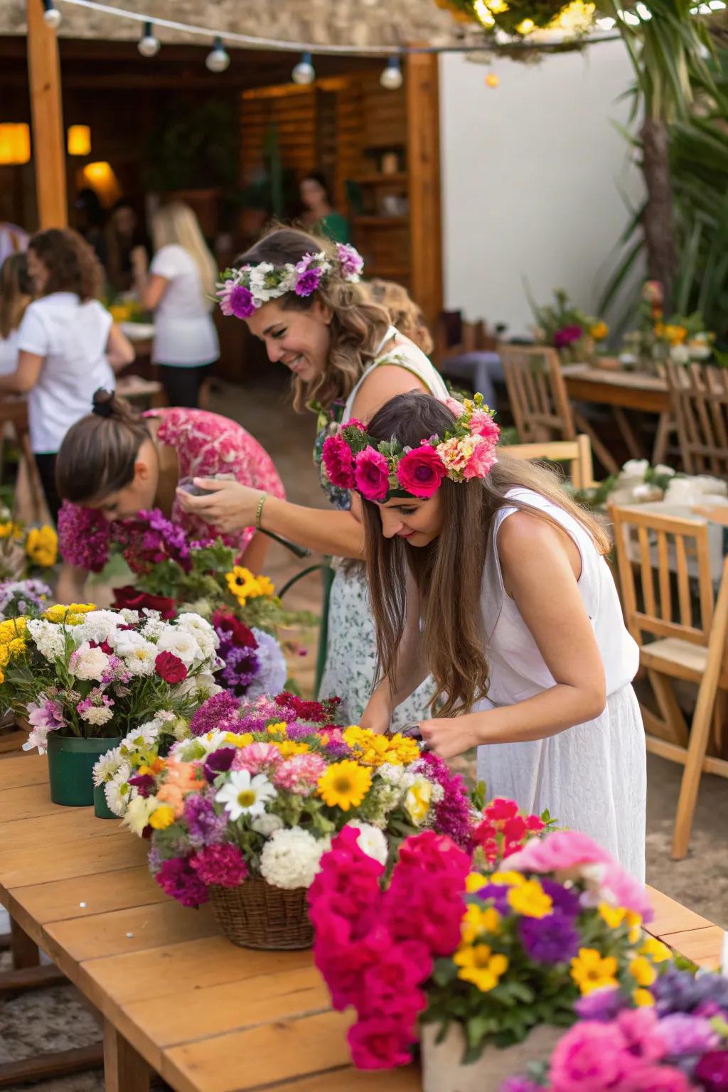 A flower headwear station allows for creative and personal expression.