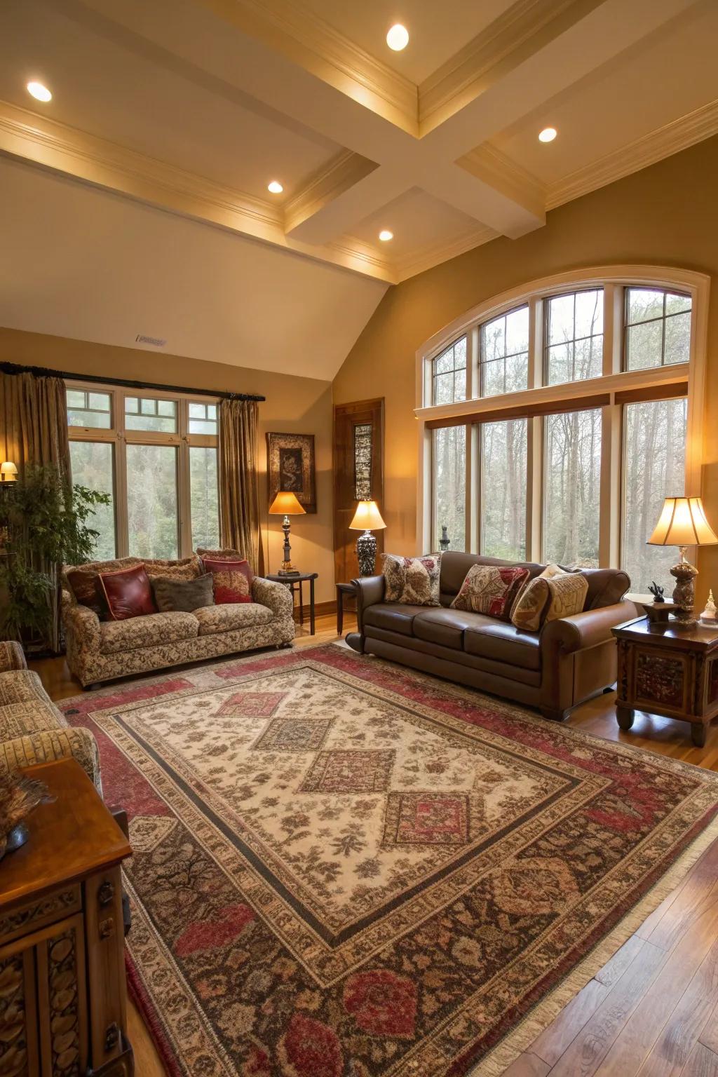 Area rugs subtly guiding traffic and adding warmth to the space.